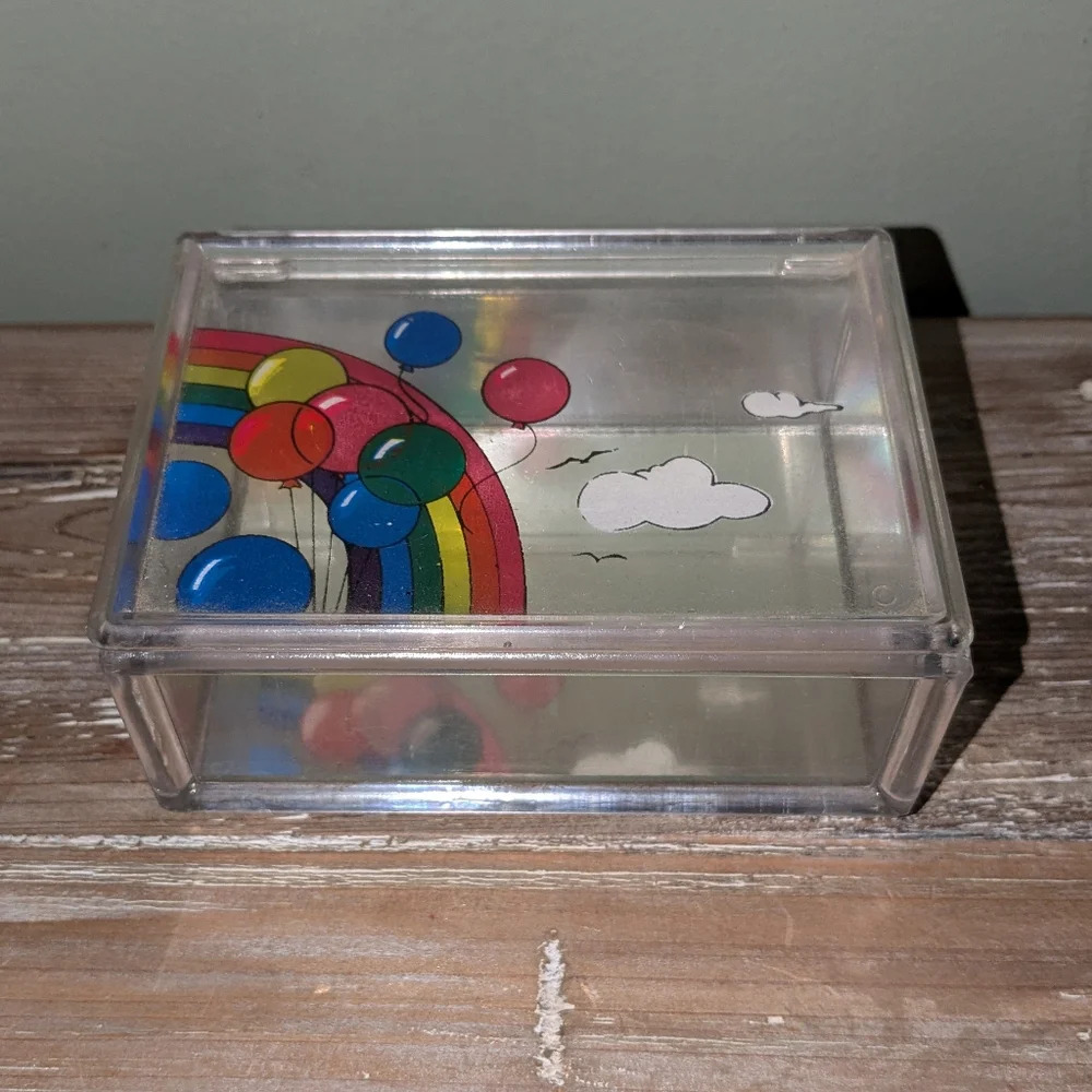 Children's Jewelry Box Plastic with Mirror Bottom Rainbow Balloons Cloud Design